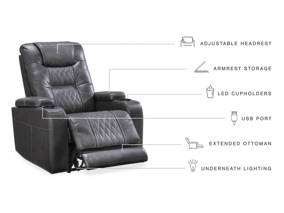 Black leather recliner chair with feature labels on a white background