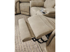 Beige recliner sofa with cup holder on a textured rug