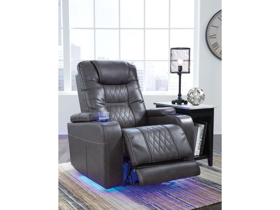 Gray recliner chair with LED lighting in a room setting.